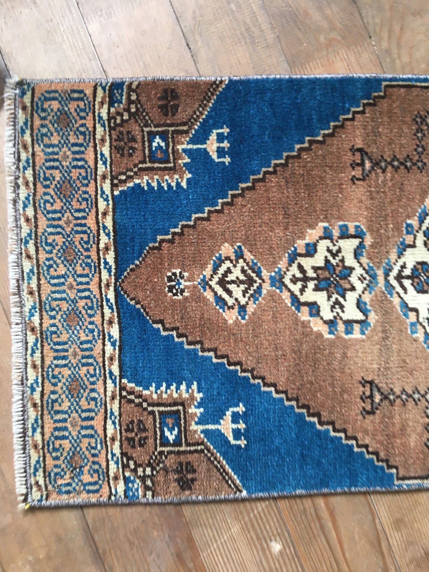1.3x3 feet handmade turkish mini rug, vintage brown wool kitchen floor mini rug, small handmade blue laundry rug, small bath mat, mini rug