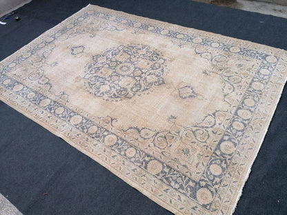 7x10'2 large oushak rug, vintage blue rug, muted turkish rug, hand made vintage wool rug, living room rug, bohemian rug