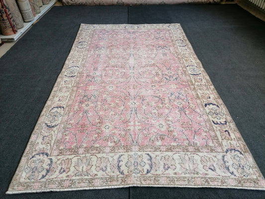 Vintage pink rug 8'x4'6 blue vintage turkish rug, oushak rug, hand woven rug, bohemian rug , oriental rug, muted vintage rug, minimalist rug