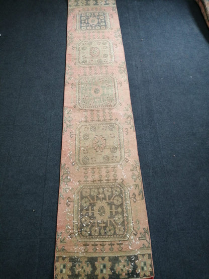 11'4x2'2 oushak turkish runner rug, vintage runner rug, vintage oushak runner rug, vintage anatolian rug,unique hand made rug,kitchen rug