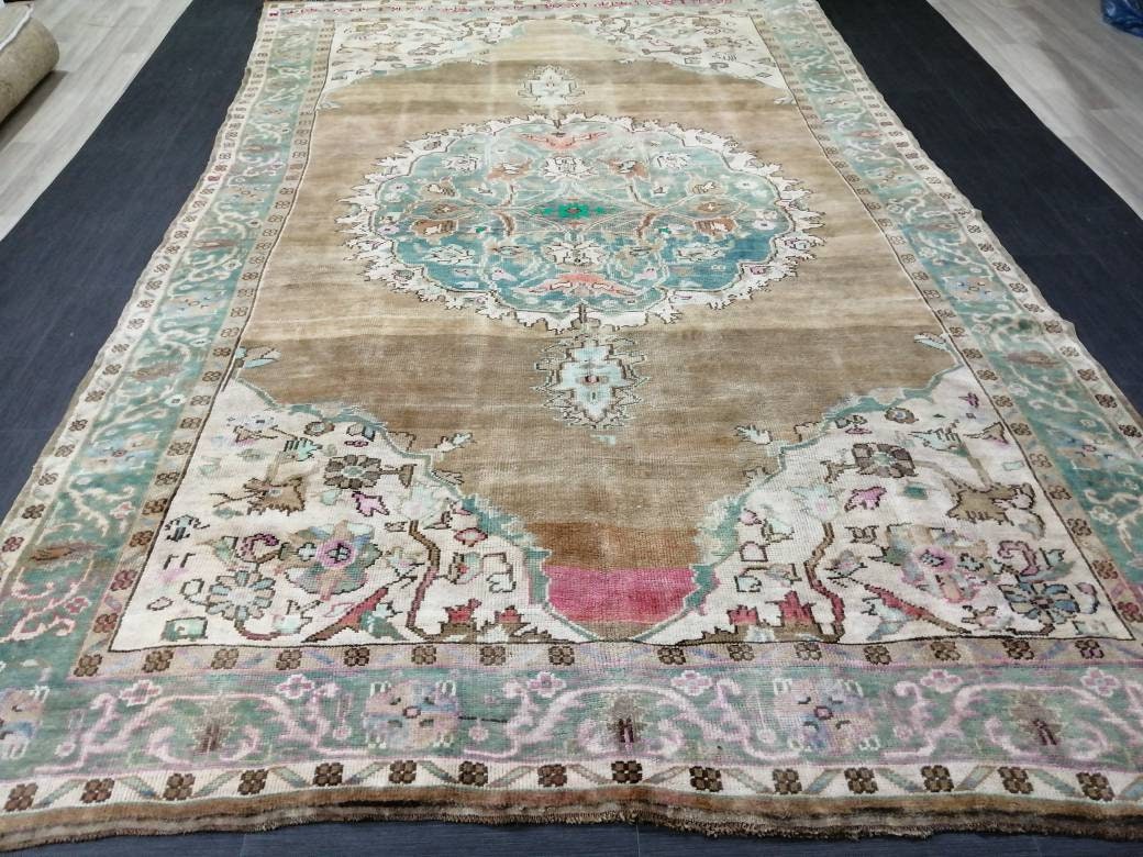 Hand Made Vintage RUG, Turkish Rug Large Area Rug, 6.7 x 10.8 VINTAGE Rug, Oushak  Rug,Hand Knotted Rug, Neutral Rug Antique Rug