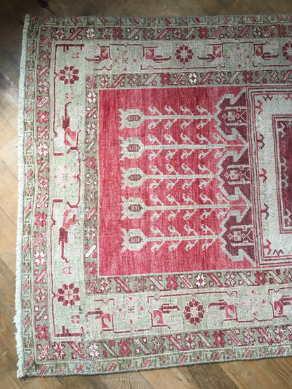 3x5 feet muted handmade turkish area rug, vintage oushak floor rug, red kitchen middle rug, beige wool bedroom rug, living room accent rugs