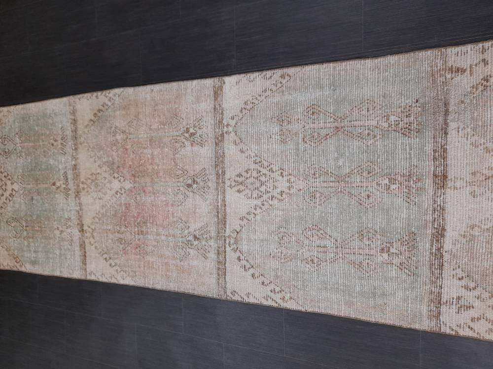 Muted Vintage Runner Rug 3.2 x 12.3 Hand Made Runner Rug Turkish Runner Rug Pink Vintage Runner Rug Hallway Runner Rug Distressed Runner Rug