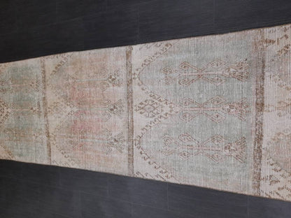 Muted Vintage Runner Rug 3.2 x 12.3 Hand Made Runner Rug Turkish Runner Rug Pink Vintage Runner Rug Hallway Runner Rug Distressed Runner Rug