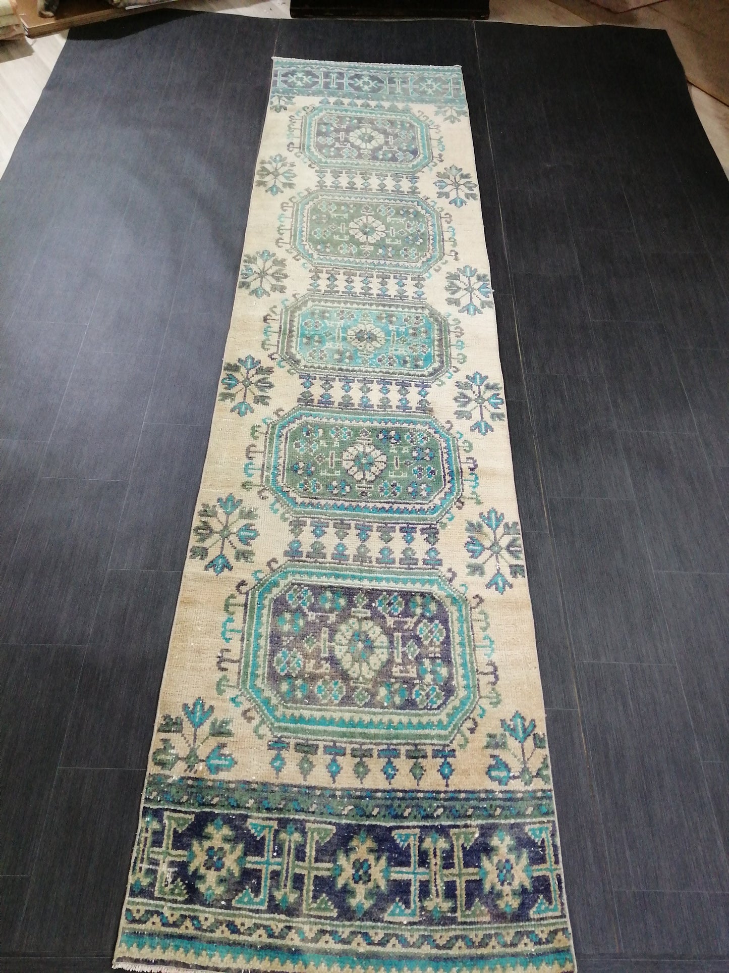 Green Blue Beige Oushak Runner Rug 11.8 x 2.8 Turkish Runner Rug Vintage Runner Rug 3x12 Hallway Runner Rug Kitchen Runner Rug Wool Runner