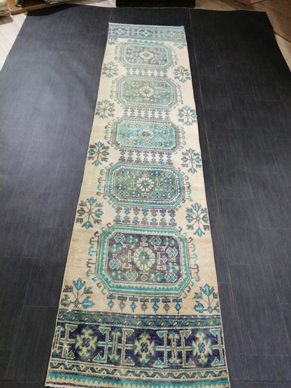 Green Blue Beige Oushak Runner Rug 11.8 x 2.8 Turkish Runner Rug Vintage Runner Rug 3x12 Hallway Runner Rug Kitchen Runner Rug Wool Runner
