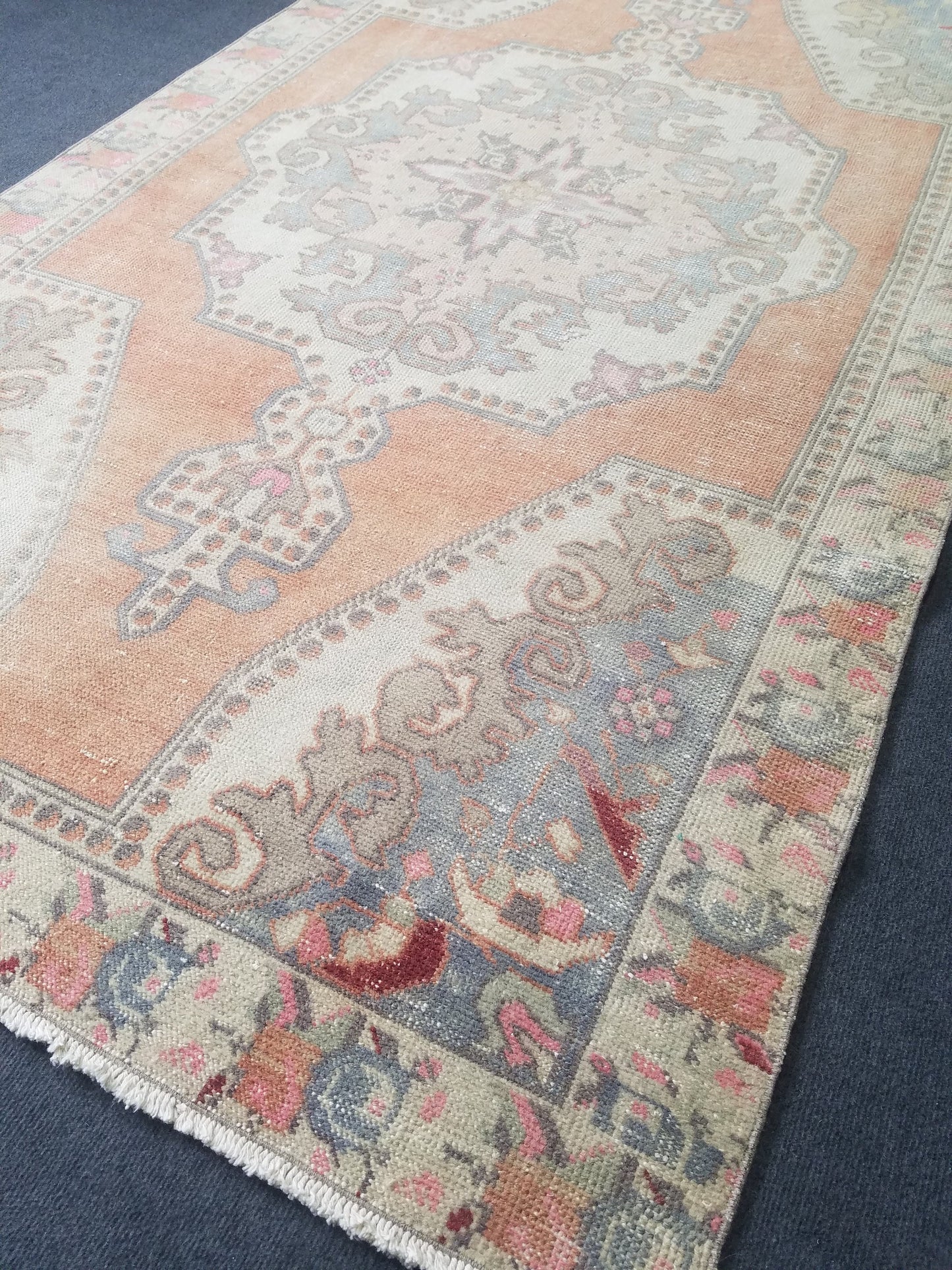 Pastel vintage rug, vintage handmade wool rug, oushak rug,rustic distressed rug 4x7'7  feet