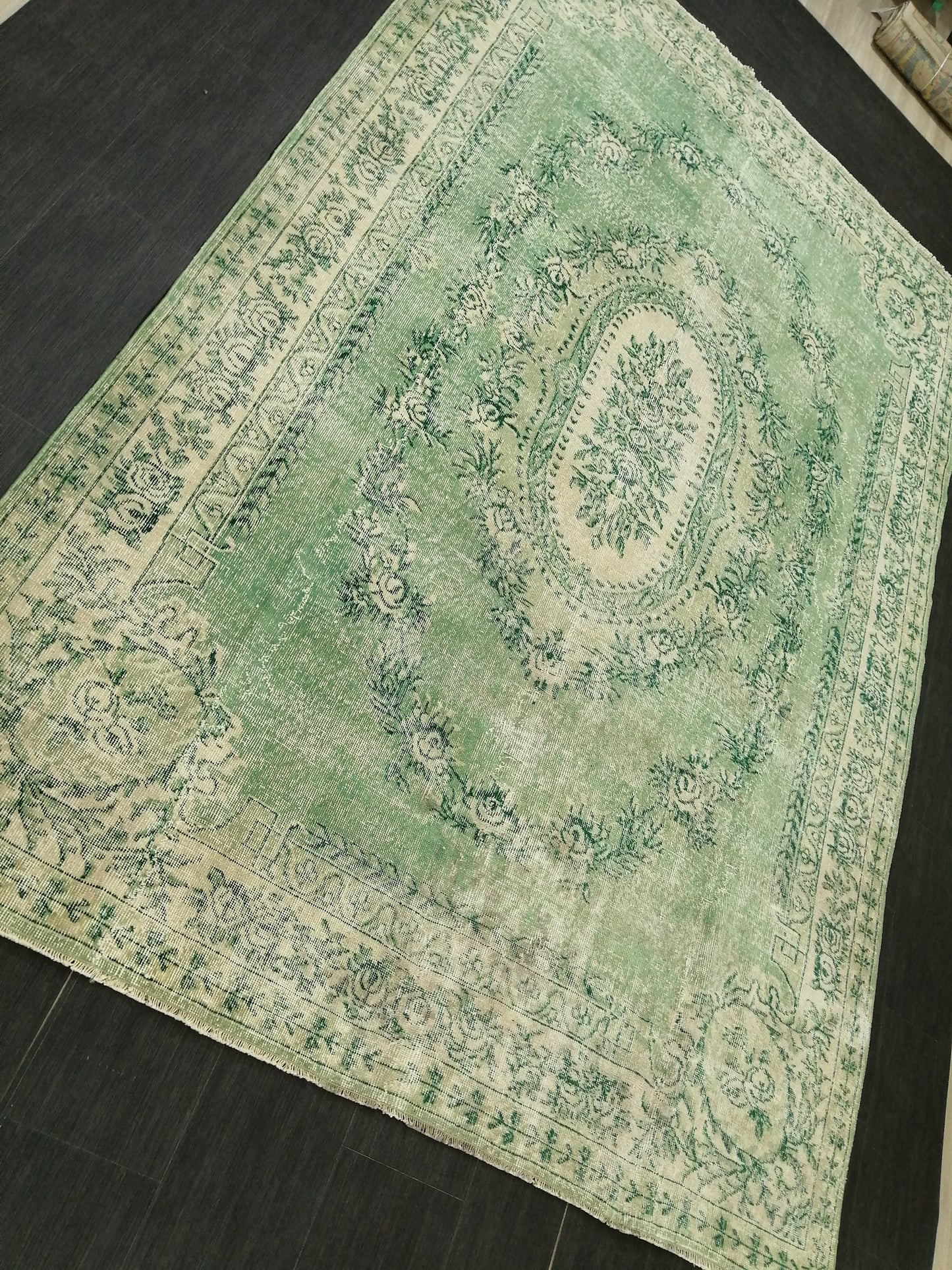 7 x 10.2 Green Vintage Rugs, Hand Made Rug, Oushak Rug, Rustic Rug 7x10 Oriental Rug, Turkish Rug, Farmhouse Rug, Vintage Rug 7x10 Wool rug