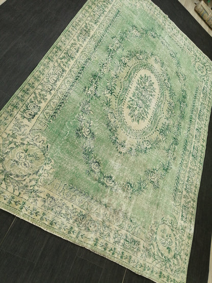 7 x 10.2 Green Vintage Rugs, Hand Made Rug, Oushak Rug, Rustic Rug 7x10 Oriental Rug, Turkish Rug, Farmhouse Rug, Vintage Rug 7x10 Wool rug