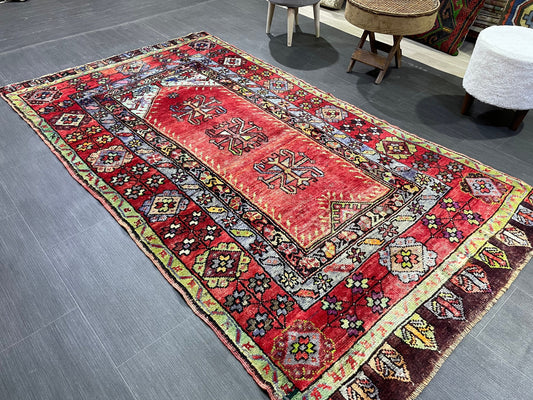 Vintage RUG, TURKISH 4.2 x 7.4 Rug, Wool Hand Knotted Rug, Persian Rug Wool Handmade Rug, Oushak Rugs Muted Hand Knotted rug