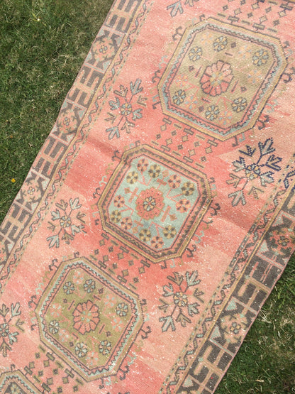 Vintage Turkish Runner Rug, 4x11 Oushak Runner Rug, Handmade Runner Rug, Hand Knotted Runner Rug Hallway Runner, Kitchen Runner