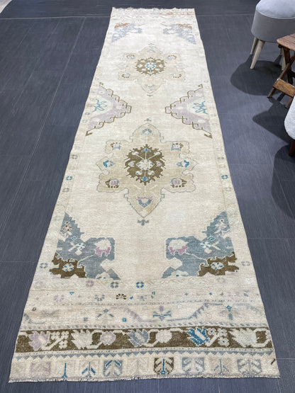 Muted Vintage Oushak Runner 3 x 11.4 Rug Turkish Runner Rug Vintage Runner Rug Hallway Runner Rug Kitchen Runner Rug Wool Runner Rug