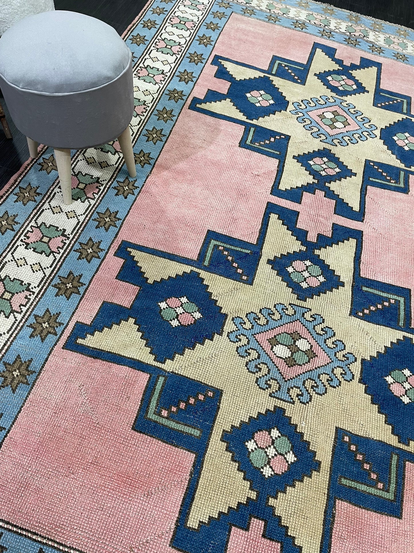 Wool OUSHAK RUG TURKISH 6.6 x 10 Rug  Vintage Oriental Rug Vintage Handmade Rug Wool Vintage Pink and Blue Rug Hand Knotted Rug