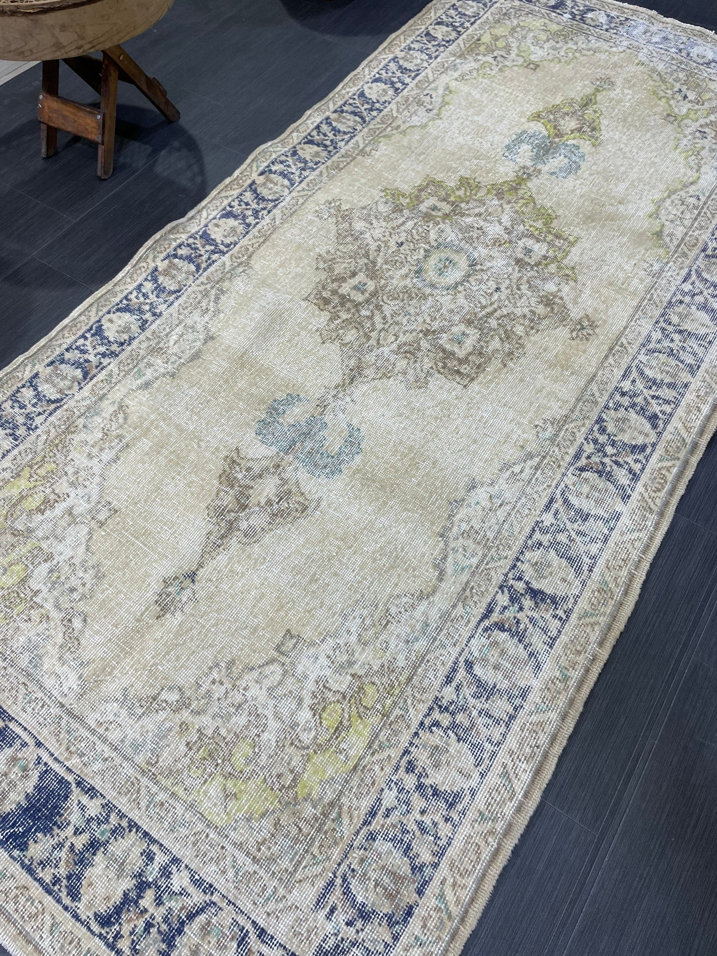 Muted Vintage Turkish Oushak Rug, Antique 3.8 x 8 Rug, Distressed Vintage Wool Rug, Handmade Rug, Hand Knotted