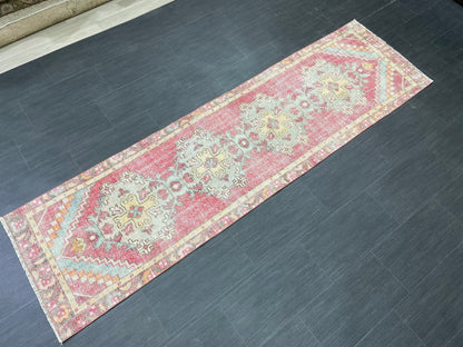 Short Vintage Runner Rug 2.4 x 8.5 Hand Knotted Runner Rug Turkish Runner Rug Vintage Runner Rug Hallway Runner Rug Wool Kitchen Runner
