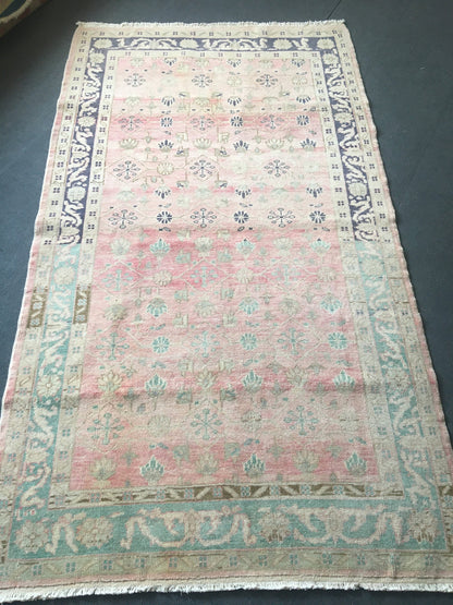 4x7 feet handmade muted large floor carpet, turkish vintage pink wool living room area rug, lounge wide green rug, oushak kitchen bohem rug