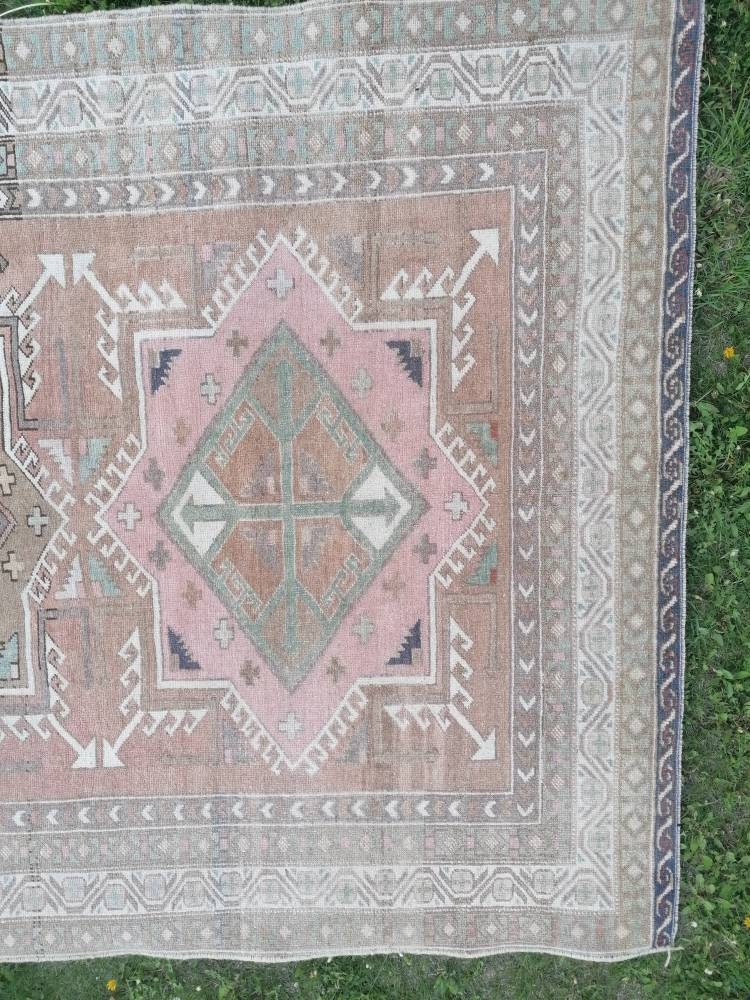 4'7x8 blue and pink wool rug, vintage oushak rug, turkish hand made living room rug