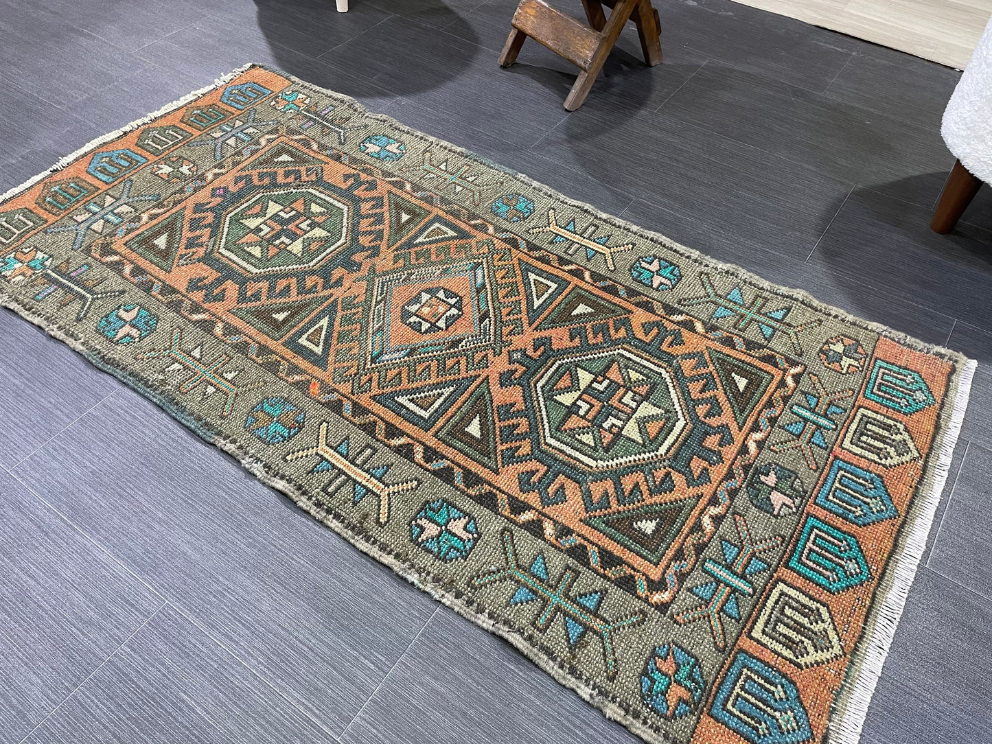 Hand Knotted Runner Rug, Vintage 2 x 4.4 Runner Rug,Handmade Short Runner Rug,Bathroom Runner Rug, Antique Runner Rug, Vanity Runner Rug