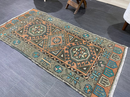 Hand Knotted Runner Rug, Vintage 2 x 4.4 Runner Rug,Handmade Short Runner Rug,Bathroom Runner Rug, Antique Runner Rug, Vanity Runner Rug