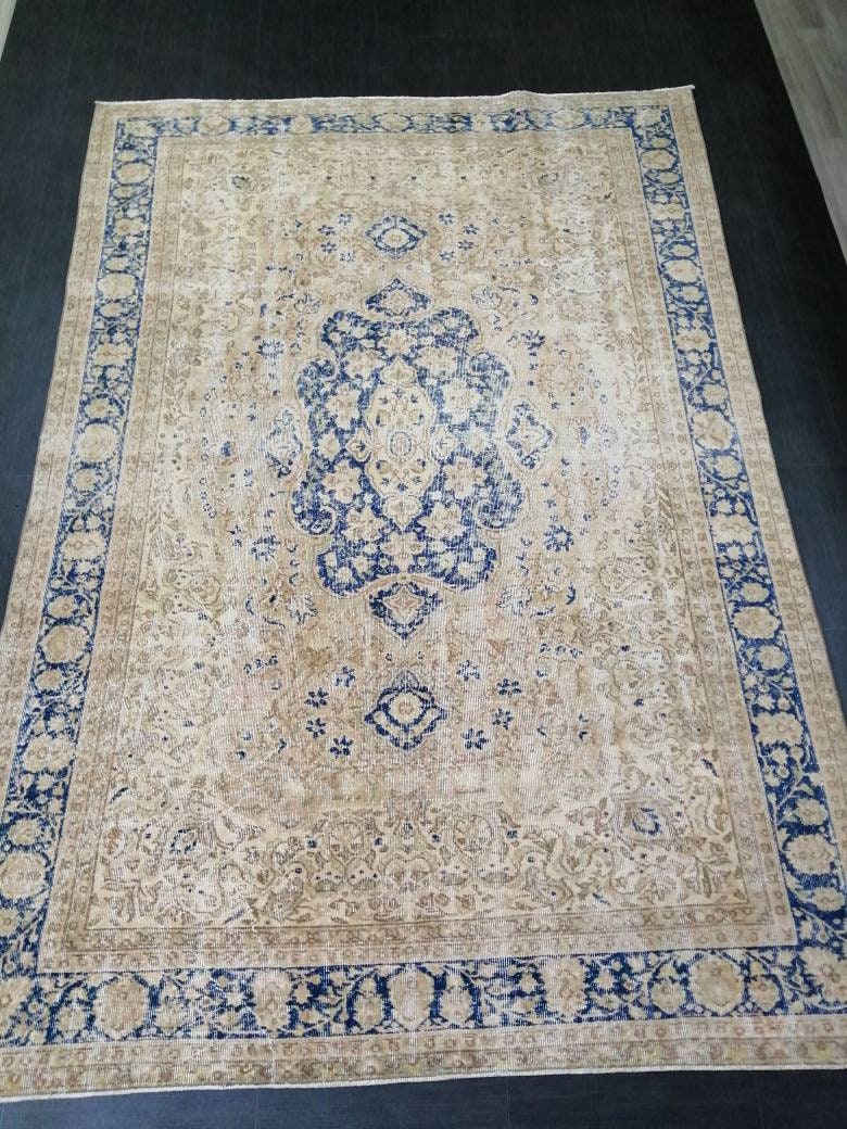 Large Persian RUG 7x10 Oriental Rug Vintage Oushak Runner Rug Rug Wool Turkish Rug Hand Made Rug Blue Vintage Persian Rug Blue and cream