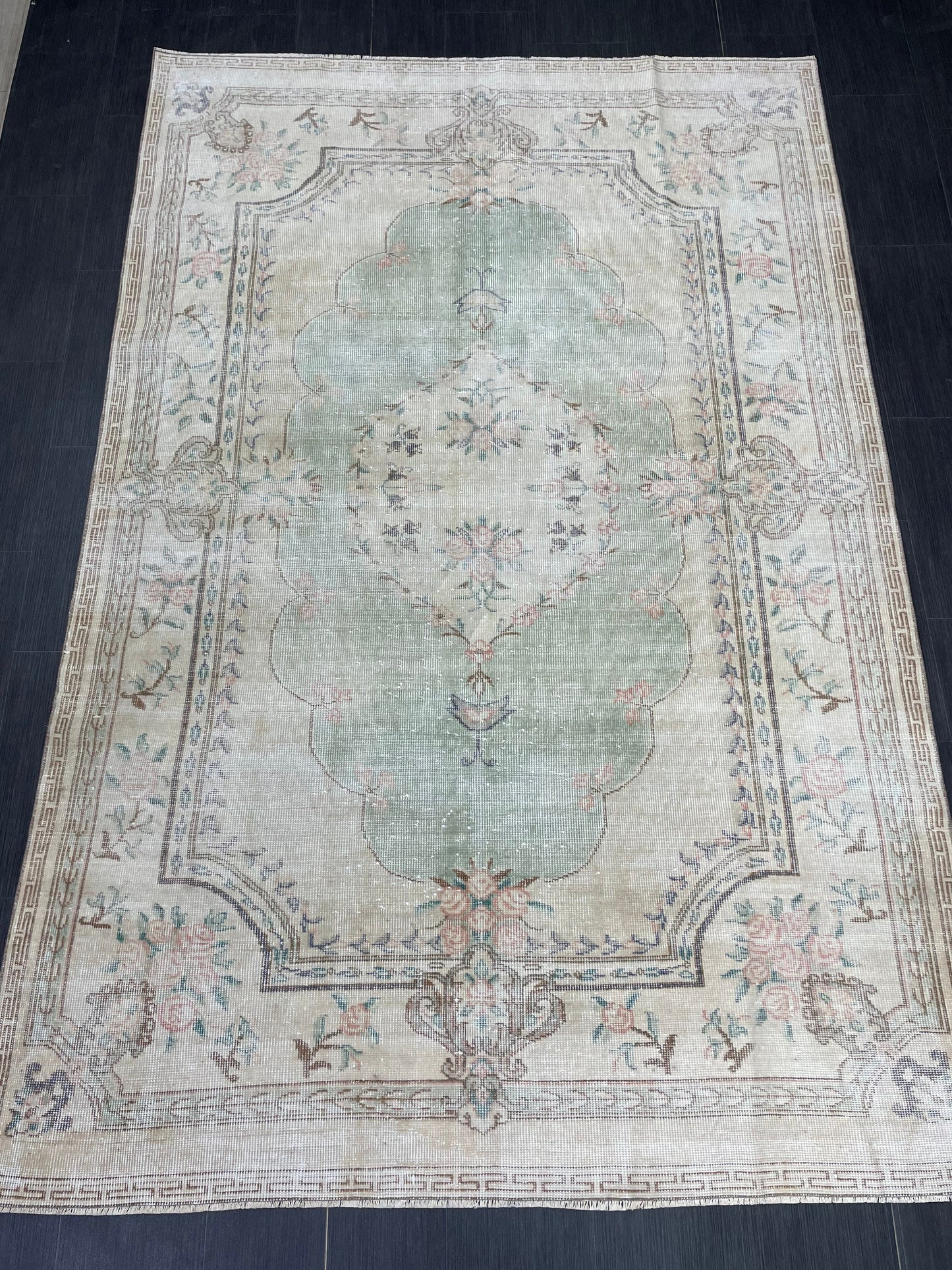 Handmade Rug 6x9 Oushak Rug Distressed Rustic Rug, Light Green Rug Hand Knotted Rug Turkish Rug, Farmhouse Rug, Vintage Rug, Wool rug
