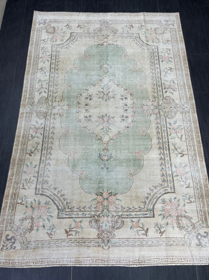 Handmade Rug 6x9 Oushak Rug Distressed Rustic Rug, Light Green Rug Hand Knotted Rug Turkish Rug, Farmhouse Rug, Vintage Rug, Wool rug