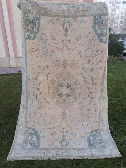 Muted turkish rug 8'2x5'4 pastel turkish rug, vintage turkish rug, oushak vintage rug, vintage anatolian hand made rug