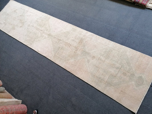 2'8x12 oushak turkish runner rug, hallway runner rug, hand made rug, oushak vintage runner rug, vintage rug, vintage anatolian rug