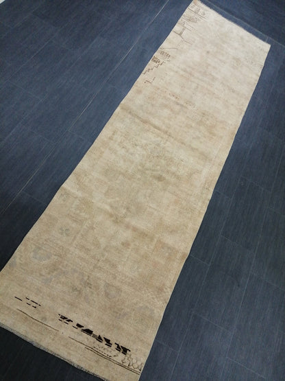 Muted Oushak Runner 2.7 x 9.8 Rug Turkish Runner Rug Faded Vintage Runner Rug Hallway Runner Rug Neutral Kitchen Runner Rug Wool Runner Rug