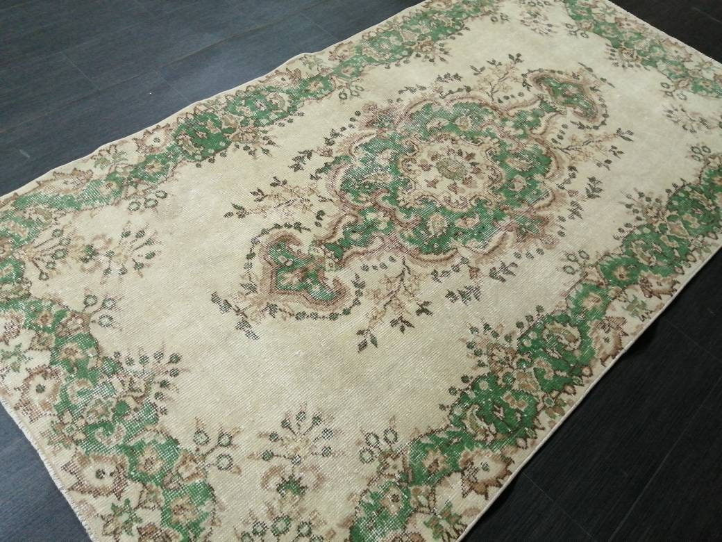 GREEN Rug, Vintage Oushak Rug, 3.7 X 6.8 Rustic Rug, Bohemian Rug, Rug Runner, Turkish Rug, Farmhouse Rug, Vintage Rug,Wool rug Oriental Rug