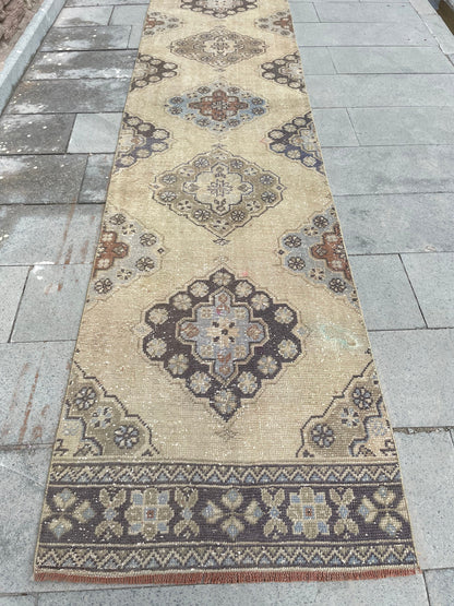 Muted Long Vintage Runner TURKISH 2.7 x 21.3 Runner Rug Handmade Runner Rug XL Oriental Runner Rug Staircase Hand Knotted Runner rug