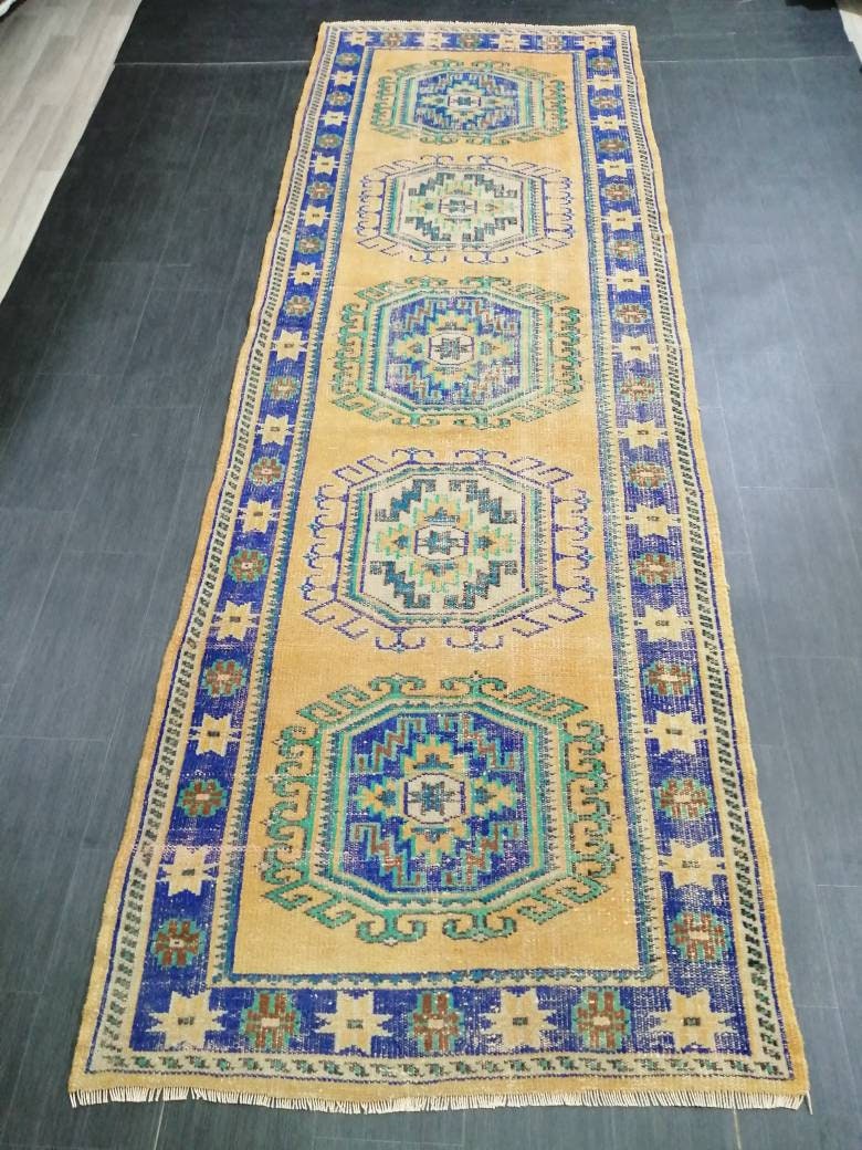 Vintage Runner Rug, 4 X 12.3 Muted Oushak Rug, Turkish Runner Rug , Yellow Persian Rug Runner Turkish Rug, Vintage Rug Oriental Rug 4x12