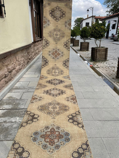 Muted Long Vintage Runner TURKISH 2.7 x 21.3 Runner Rug Handmade Runner Rug XL Oriental Runner Rug Staircase Hand Knotted Runner rug