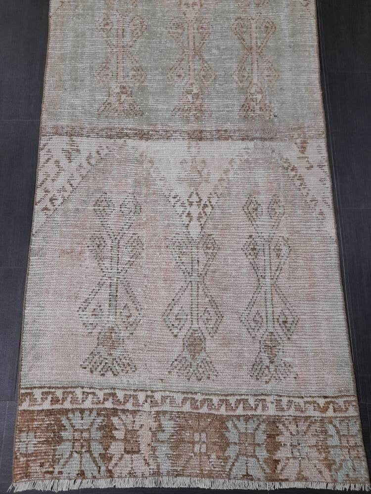 Muted Vintage Runner Rug 3.2 x 12.3 Hand Made Runner Rug Turkish Runner Rug Pink Vintage Runner Rug Hallway Runner Rug Distressed Runner Rug