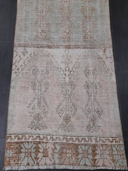 Muted Vintage Runner Rug 3.2 x 12.3 Hand Made Runner Rug Turkish Runner Rug Pink Vintage Runner Rug Hallway Runner Rug Distressed Runner Rug