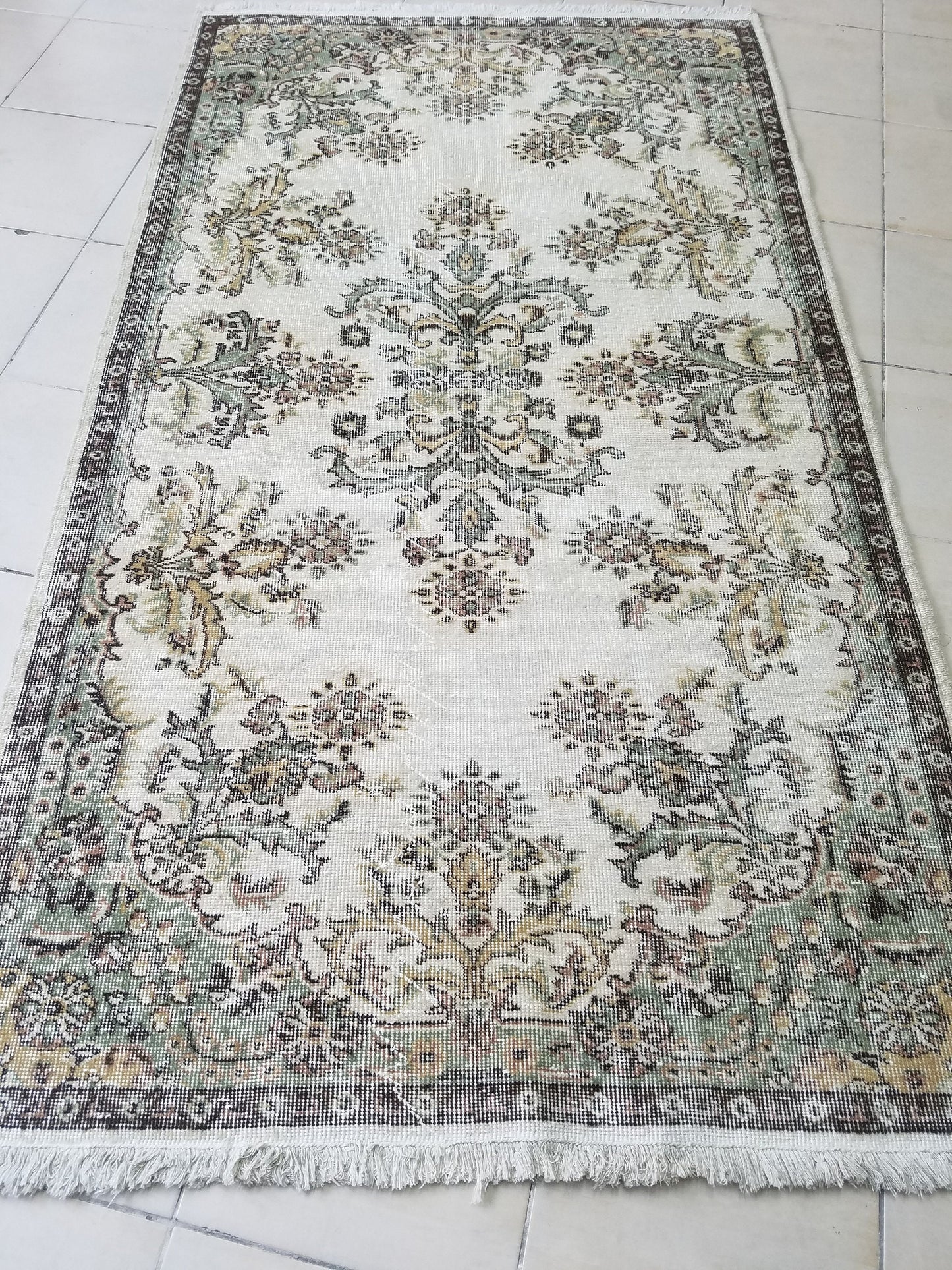 Turkish oushak rug, earth tone rug, pastel color rug, ethnic motif, minimalist rug traditional turkish design 7'x3'11" feet