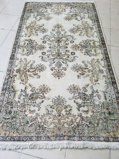 Turkish oushak rug, earth tone rug, pastel color rug, ethnic motif, minimalist rug traditional turkish design 7'x3'11" feet