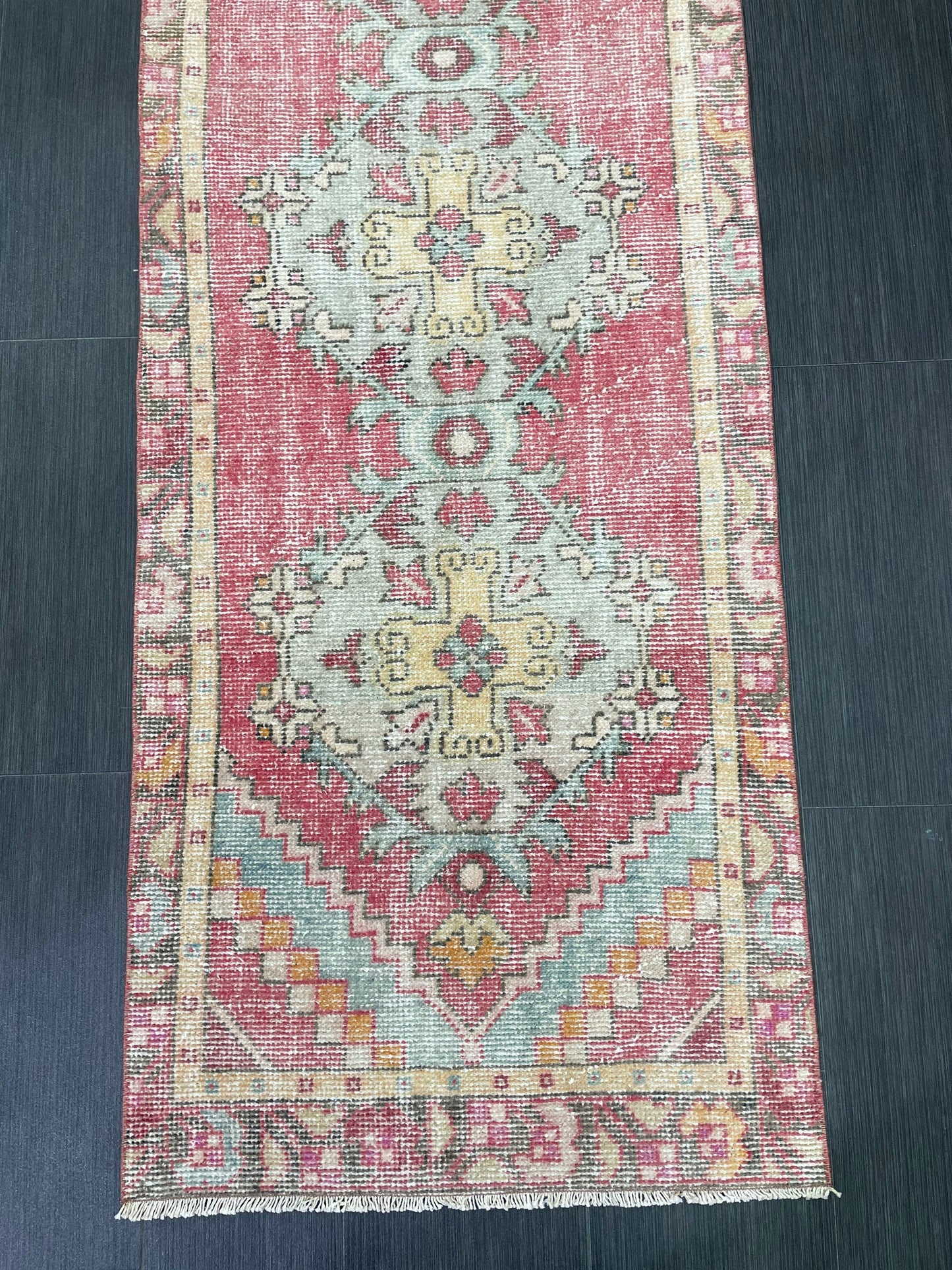 Short Vintage Runner Rug 2.4 x 8.5 Hand Knotted Runner Rug Turkish Runner Rug Vintage Runner Rug Hallway Runner Rug Wool Kitchen Runner