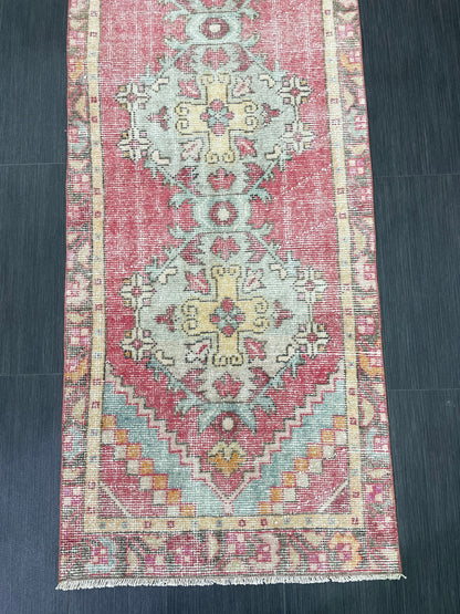 Short Vintage Runner Rug 2.4 x 8.5 Hand Knotted Runner Rug Turkish Runner Rug Vintage Runner Rug Hallway Runner Rug Wool Kitchen Runner