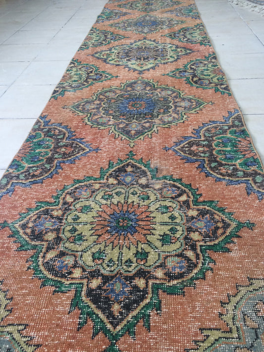 2.8 x 12.4 Ft Runner Rug Pastel colors Vintage Runner Rug Oushak Runner Rug Turkish Runner Rug  Muted Persian Runner Rug Rustic Runner Rug