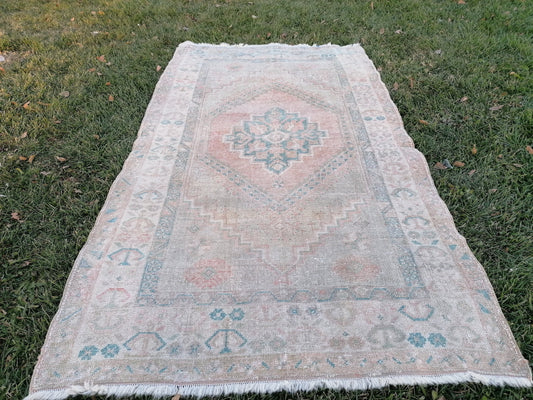 Muted soft green colors rug,  faded vintage rug 3'6x6'2 pastel turkish rug, oushak vintage rug, anatolian rug,unique hand made bohemian rug
