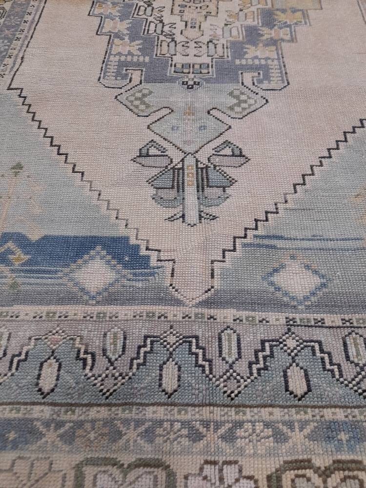 Vintage RUG 4.2 x 5 Turkish Oushak Rug Antique Rug Vintage Blue Wool Muted Oriental Rug Hand Made Rug Hand Knotted Turkish Rug Oriental Fun