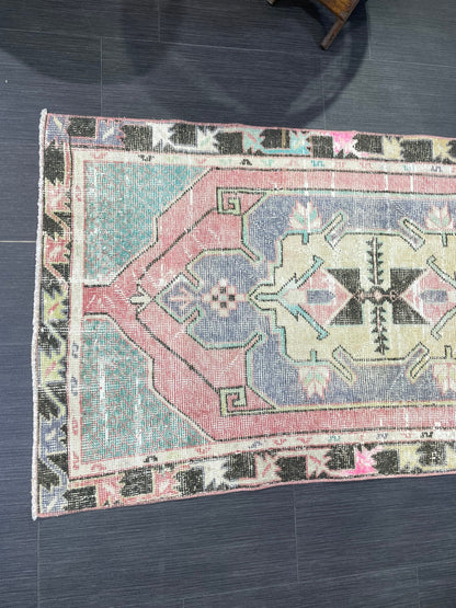 Turkish Rug, Hand Knotted Rug, 2.7 x 5 Living Room Rug, Bathroom Rug, Vanity Rug, Vintage Oushak Rug, Wool Vintage Rugs, Distressed Rug