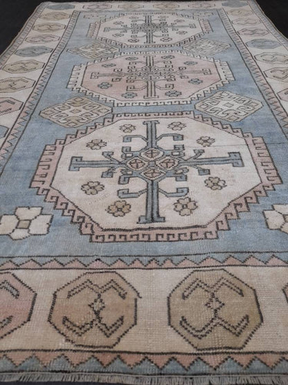 Distressed Wool Hand Made Rug Vintage Oushak Rug Blue 5x8  Oriental Rug, Rug Vintage Turkish Rug, Farmhouse Rug Vintage Rug Living room Rug
