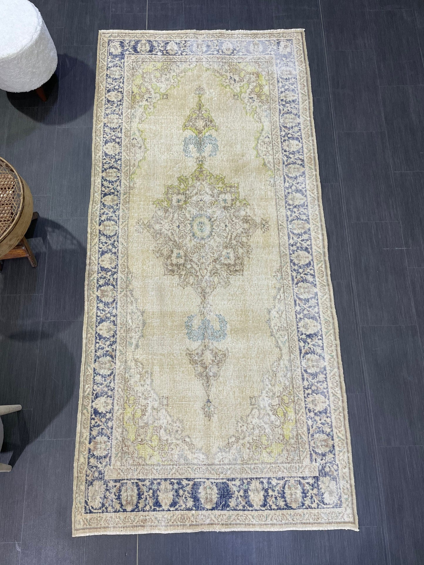 Muted Vintage Turkish Oushak Rug, Antique 3.8 x 8 Rug, Distressed Vintage Wool Rug, Handmade Rug, Hand Knotted