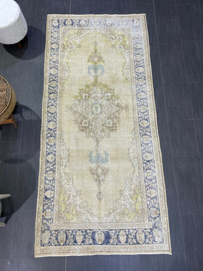 Muted Vintage Turkish Oushak Rug, Antique 3.8 x 8 Rug, Distressed Vintage Wool Rug, Handmade Rug, Hand Knotted