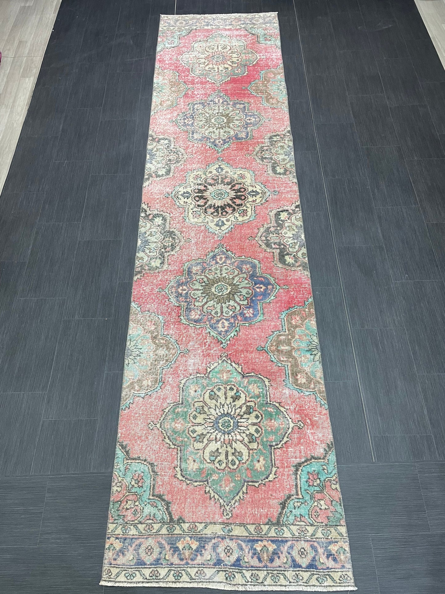 Muted Vintage Runner Rug Vintage Oushak Runner Rug 3 x 12.5  Hallway Runner Rug Turkish Kitchen Runner Rug Antique Wool Oriental Runner Rug