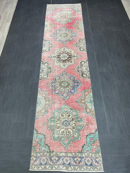 Muted Vintage Runner Rug Vintage Oushak Runner Rug 3 x 12.5  Hallway Runner Rug Turkish Kitchen Runner Rug Antique Wool Oriental Runner Rug