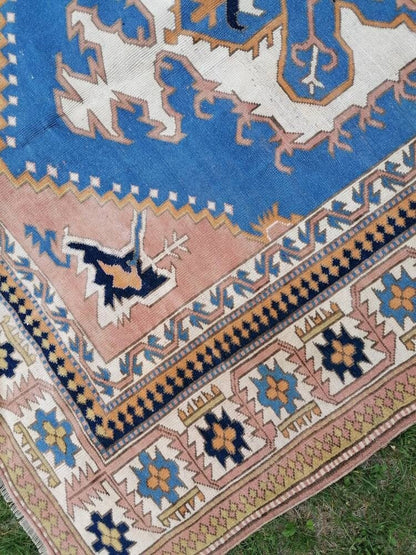 Turkish oushak wool rug 6'8x9'6 large blue rug, vintage handmade rug bohemian rug living room rug