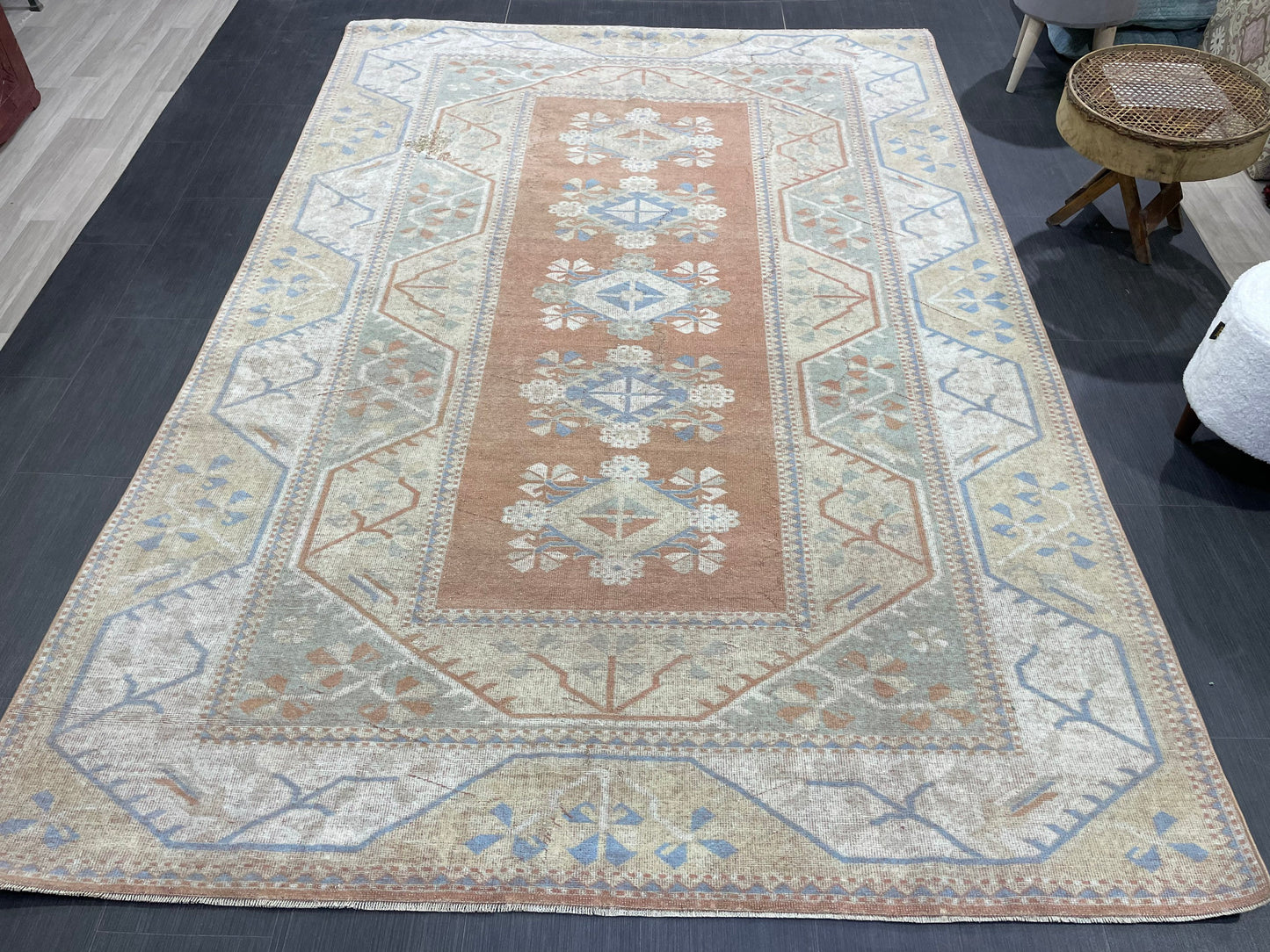 Vintage Rug, TURKISH Handmade 6.5 x 9.5 Rug, Vintage Turkish Rug, Oushak Rug, Turkish Oushak Rug, Hand Knotted Soft Wool Rug Distressed Rug